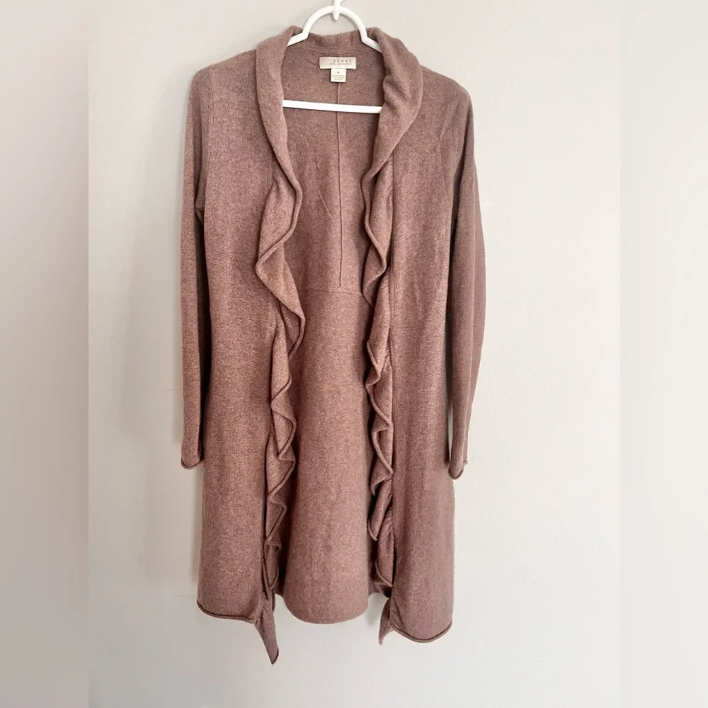 Kenar  100% Cashmere Open Front Long Cardigan Brown Size Medium
